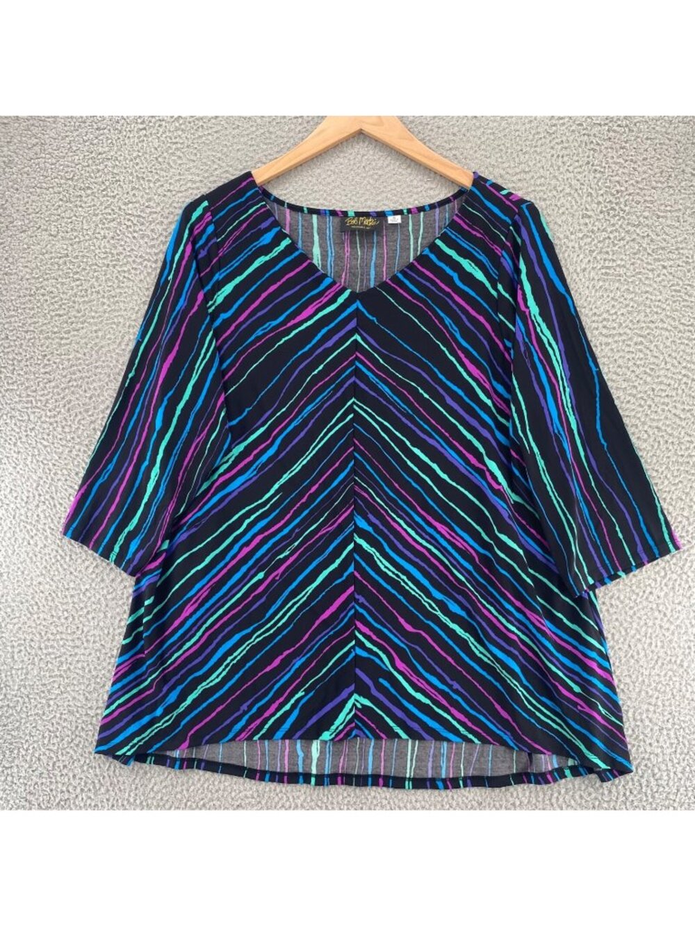Bob Mackie Top Womens 1X Plus Blue Multi Striped High Low Stretch 3/4 Sleeve Art